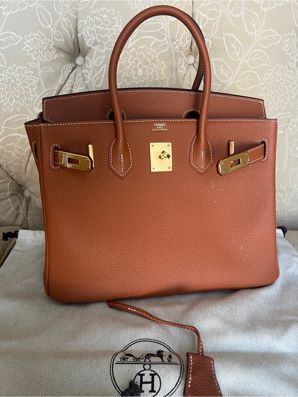 Hermès-Style Cognac Leather Top-Handle Tote Bag - Picture 3 of 9